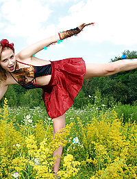 Incredible teen honey stripping and showing attractive breasts and hairy pussy in a field.